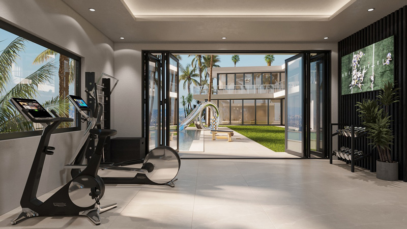 Modern Wellness Room with exercise bikes and weights, large glass doors open to a patio with a pool, slide, palm trees, and a contemporary house in the background under sunny skies.