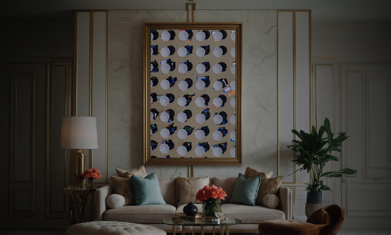 A modern living room with a beige sofa, patterned cushions, a coffee table with orange flowers, and a large abstract art piece with circular patterns—reminiscent of a digital art gallery—hanging on a marble accent wall.