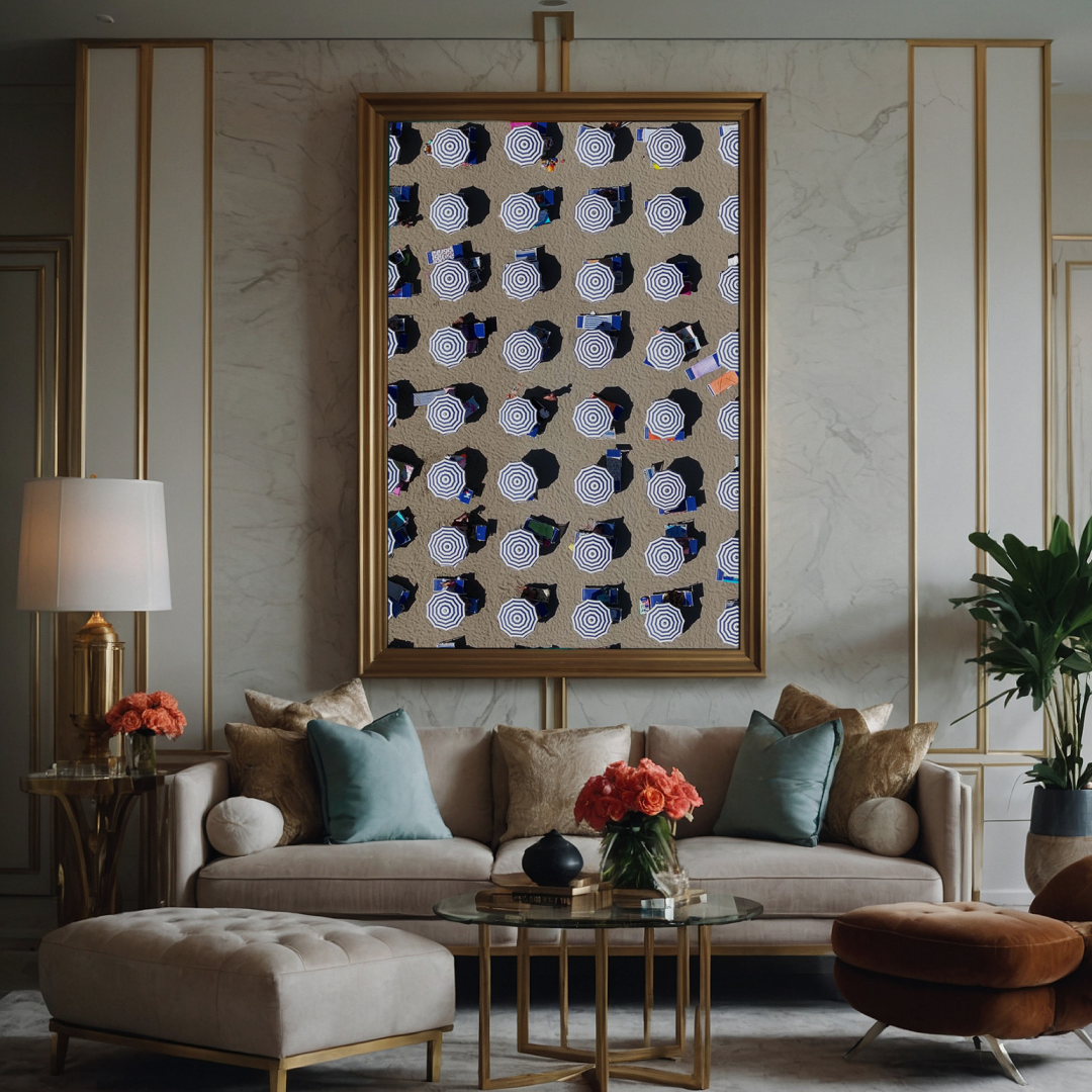 Elegant living room with a beige sofa, teal and tan pillows, a glass coffee table with orange flowers, and a large abstract artwork featuring black, white, and blue circular patterns on the wall.