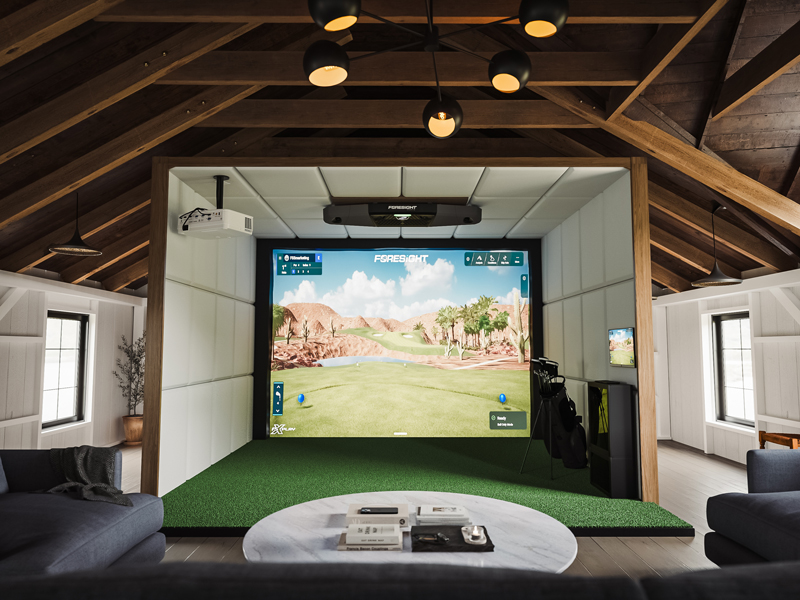 A modern attic room features a large Golf Simulators screen with a projector and golf mat, surrounded by stylish wooden beams, windows, and comfortable seating. Golf clubs and accessories are visible nearby.