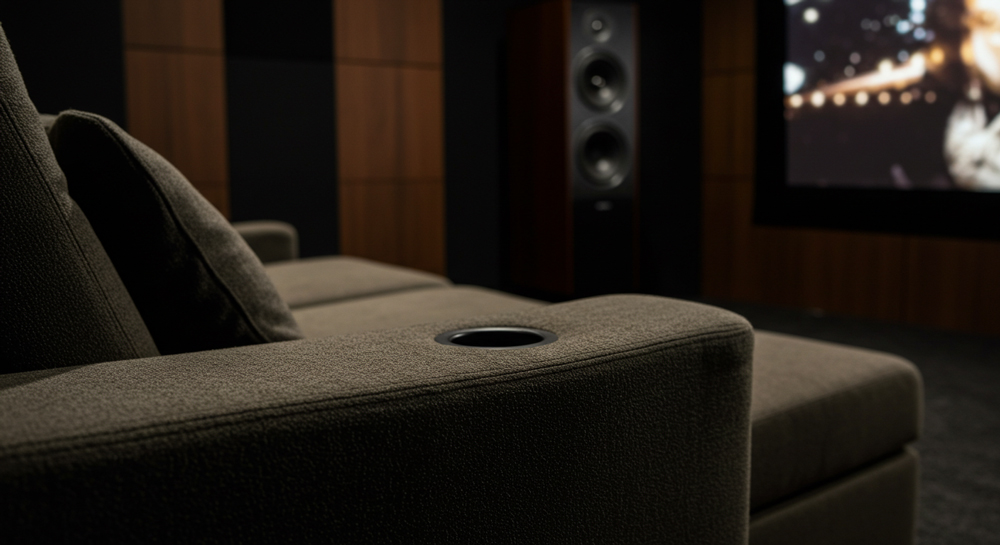 Close-up of a gray sofa with a cup holder in a modern home cinema room, featuring a large screen and speaker with warm wood-paneled walls in the background.