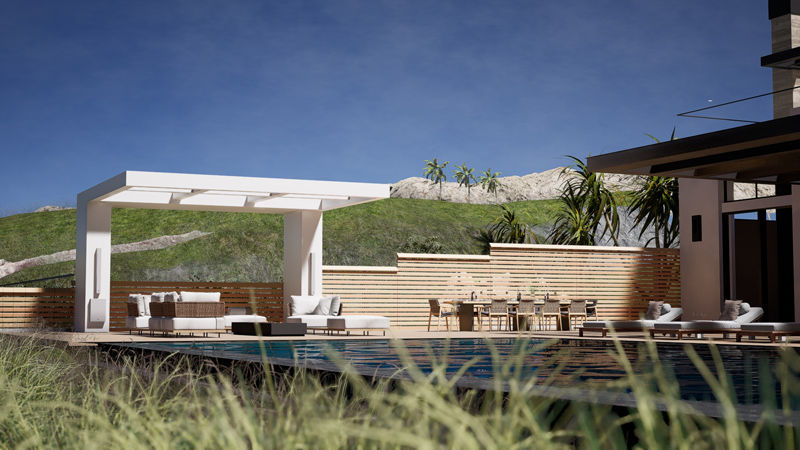 A modern outdoor patio designed for outdoor entertainment, featuring lounge seating and a dining area beside a rectangular pool, all surrounded by wooden fencing and lush greenery under a clear blue sky.