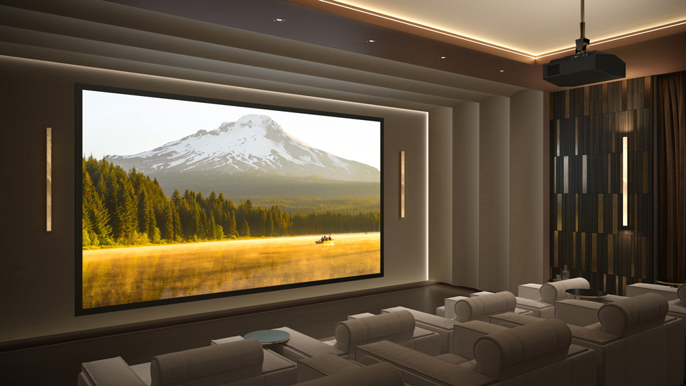 A modern home theater with several plush seats faces a large screen displaying a scenic image of a snow-capped mountain, forest, and meadow. Ceiling and wall lights create a cozy ambiance.