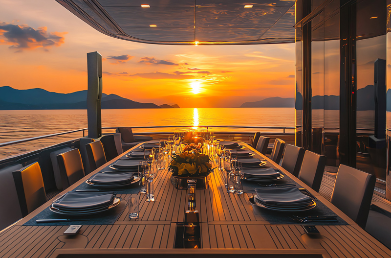 A long dining table set elegantly with plates and glasses sits on a yacht deck at sunset, creating the perfect scene for outdoor entertainment against calm water and distant mountains under a colorful sky.