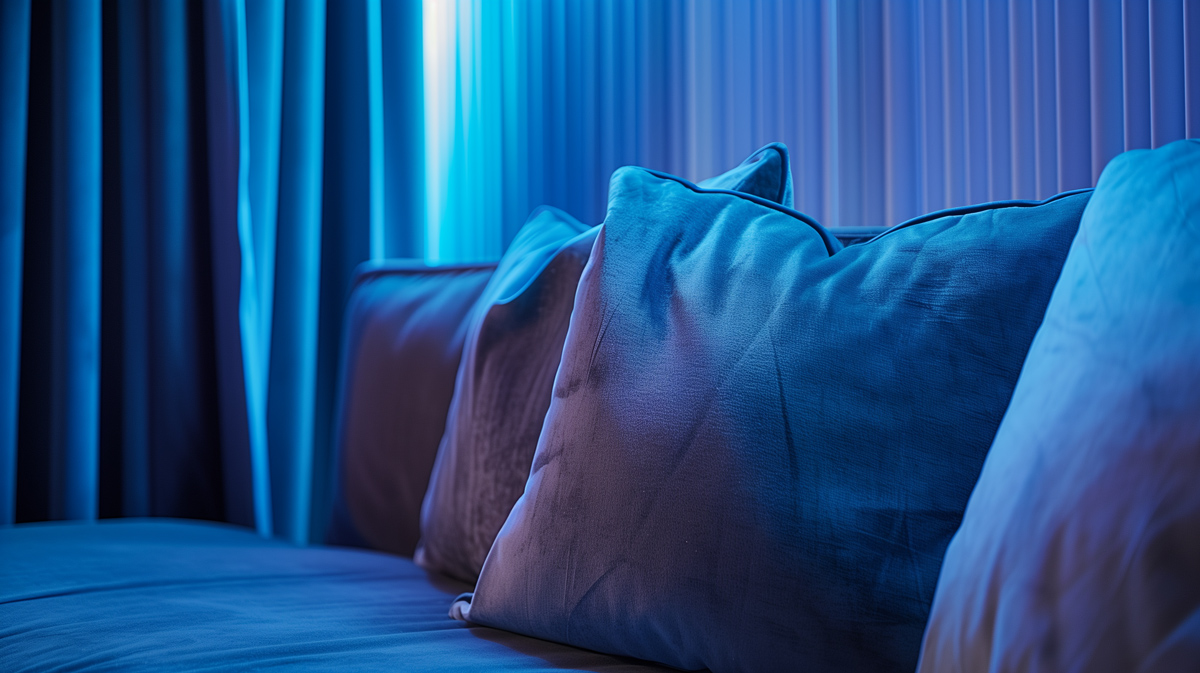 Close-up of a modern sofa with plush cushions, bathed in dramatic blue lighting—perfect for stylish games rooms. Curtains and a ribbed wall panel complete the calm, contemporary atmosphere.