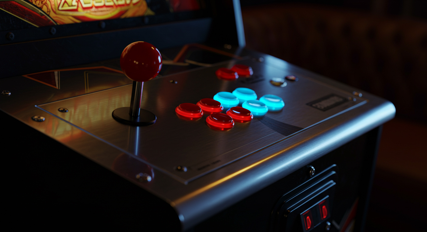A close-up of an arcade machine control panel in Games Rooms, featuring a red joystick and brightly lit red and blue buttons, with the background softly out of focus.