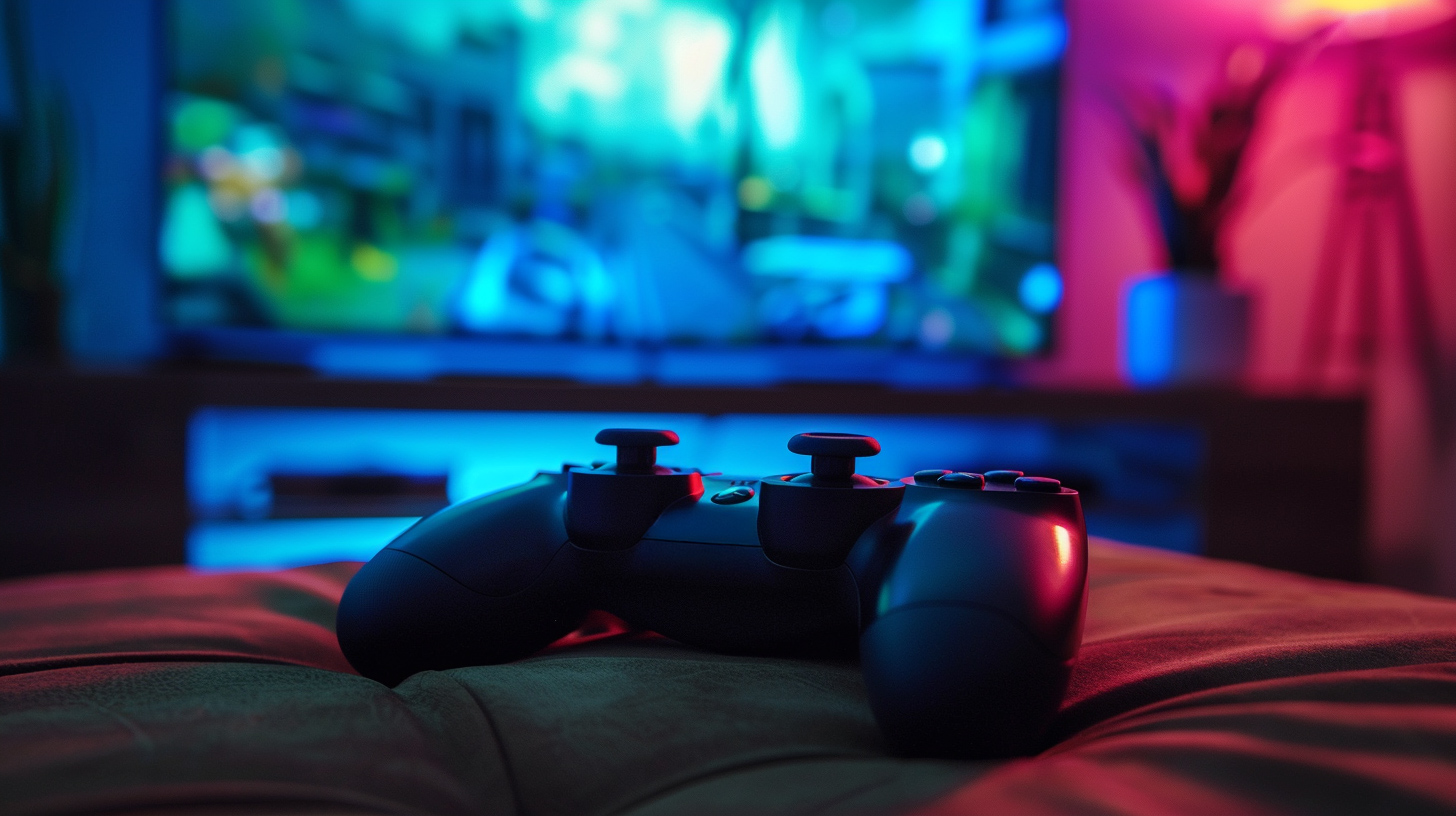 A video game controller rests on a couch in a dimly lit Games Room, with a colorful, blurred TV screen displaying a game in the background and ambient blue and pink lighting.
