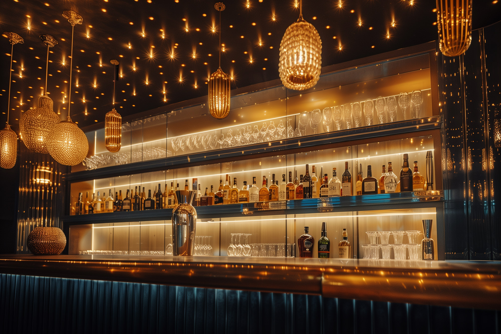 A modern bar with shelves of liquor bottles and glasses, illuminated by warm golden pendant lights and twinkling ceiling lights, creating the elegant and cosy atmosphere of a chic home nightclub.